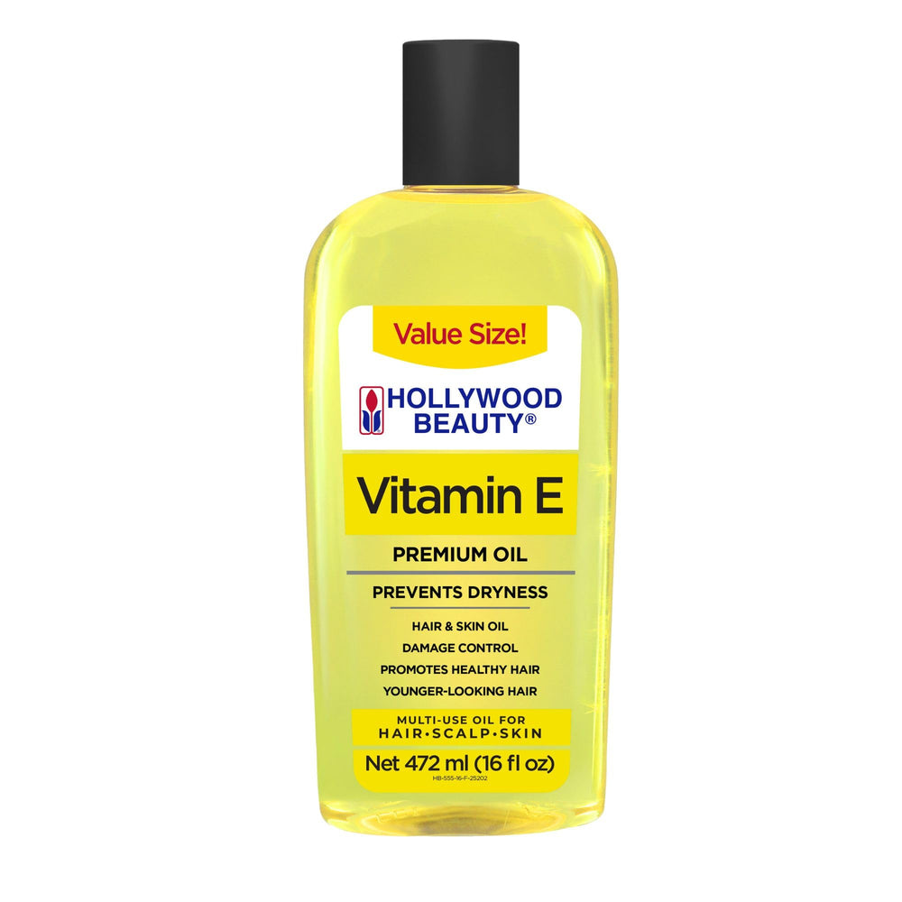 Hollywood Beauty Vitamin E Oil bottle closeup for hydration and care.