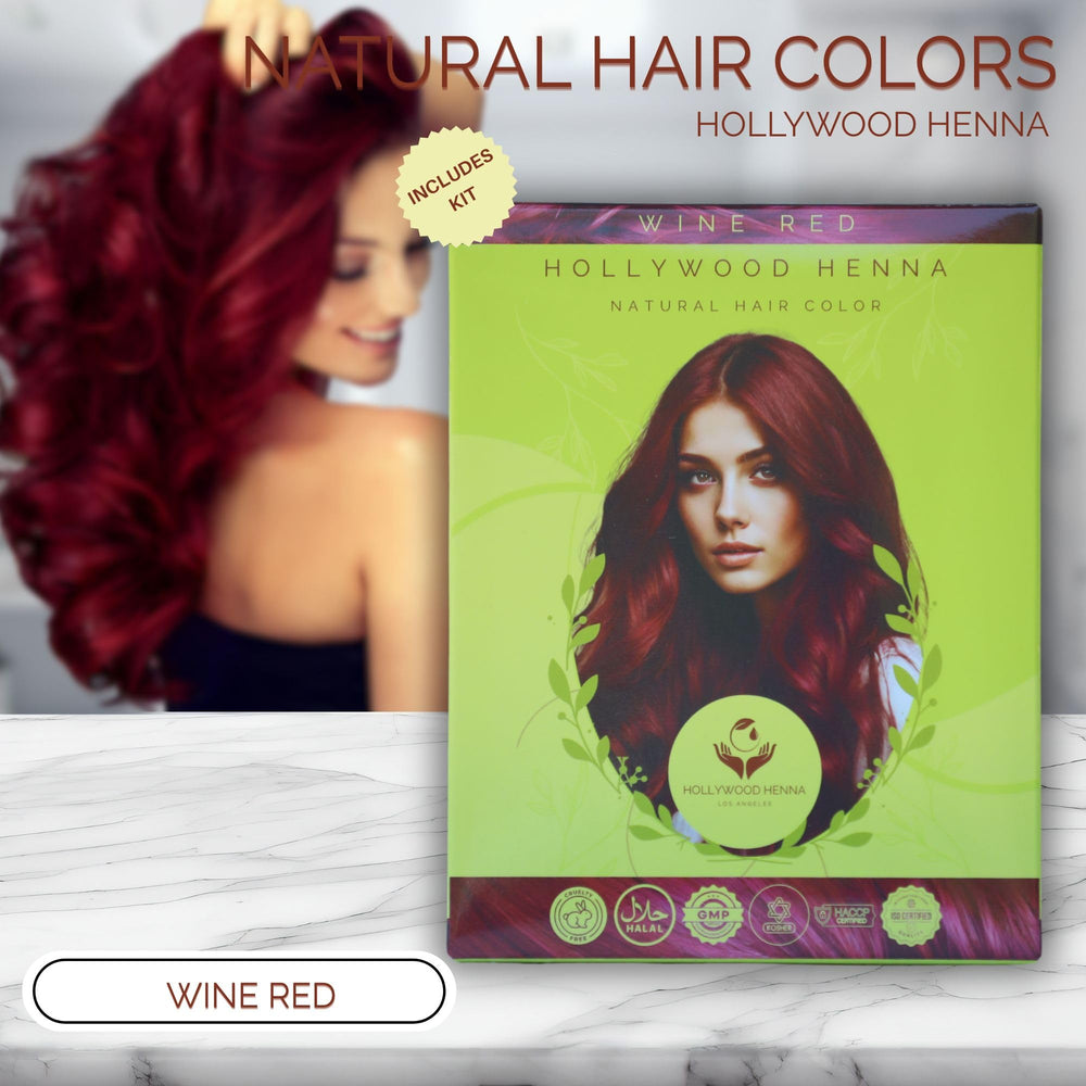 Hollywood Henna wine-red application on hair for even coverage.