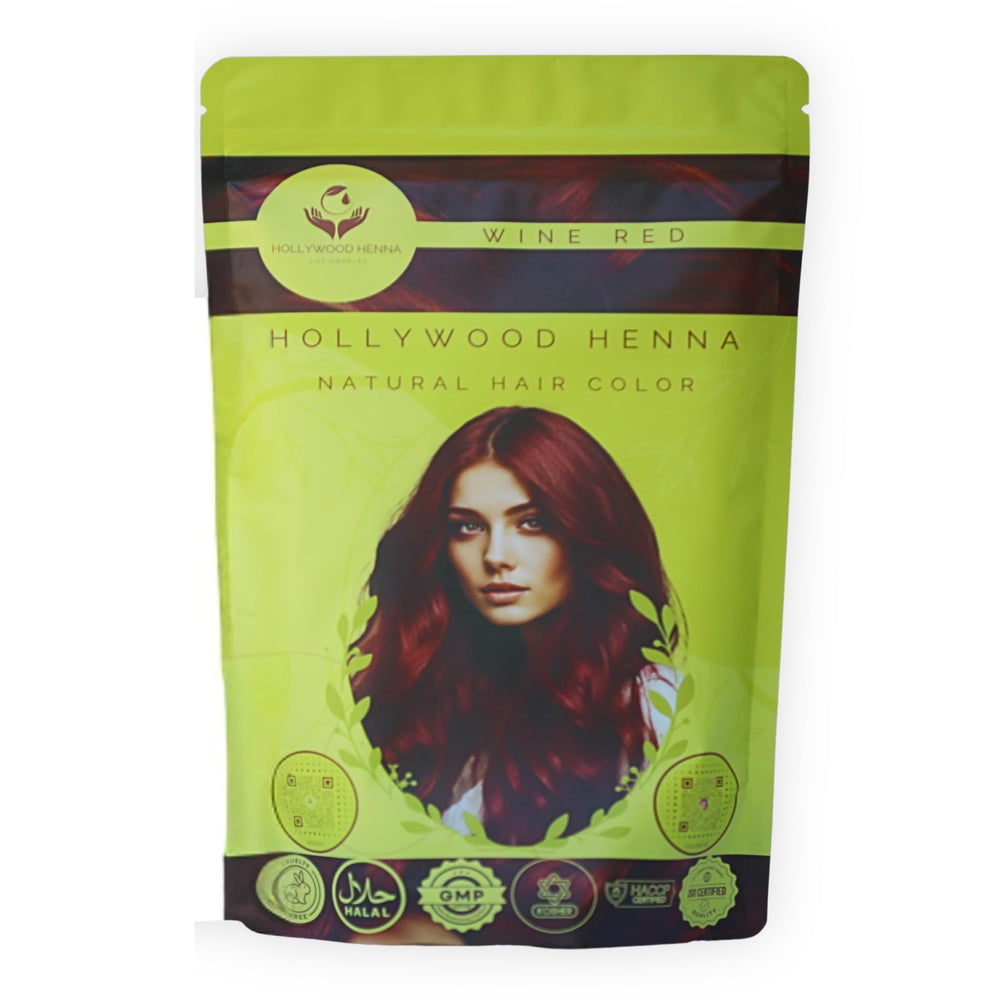 Hollywood Henna wine-red paste delivers natural color with subtle shine.