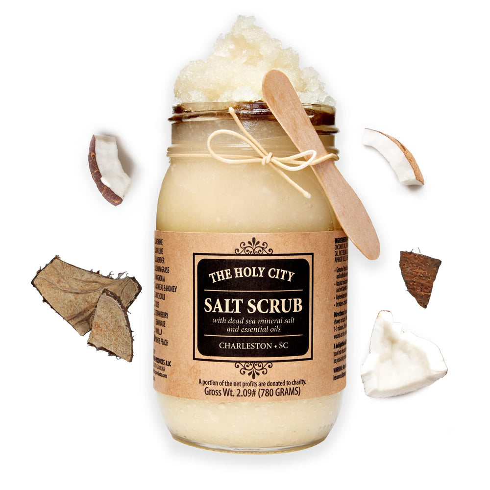 Holy City Skin Products exfoliating scrub bottle for hydrated, radiant skin.