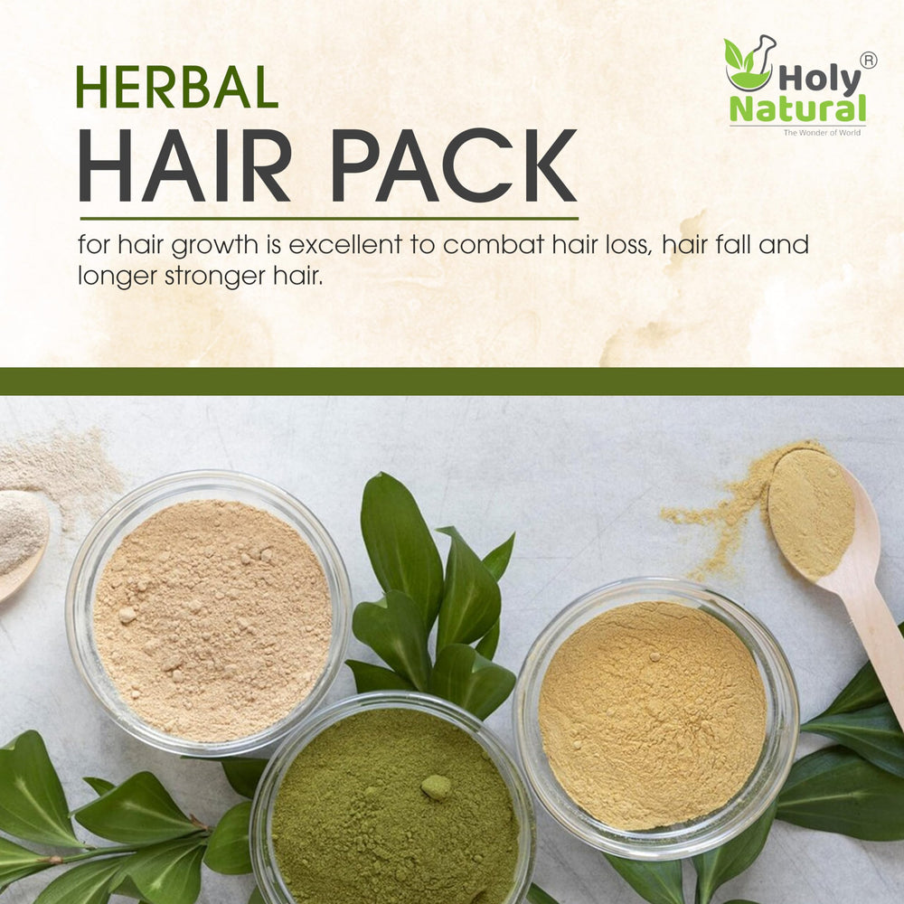 Holy Natural Herbal Hair Pack ingredients in a bowl showcase botanical blend for scalp nourishment.