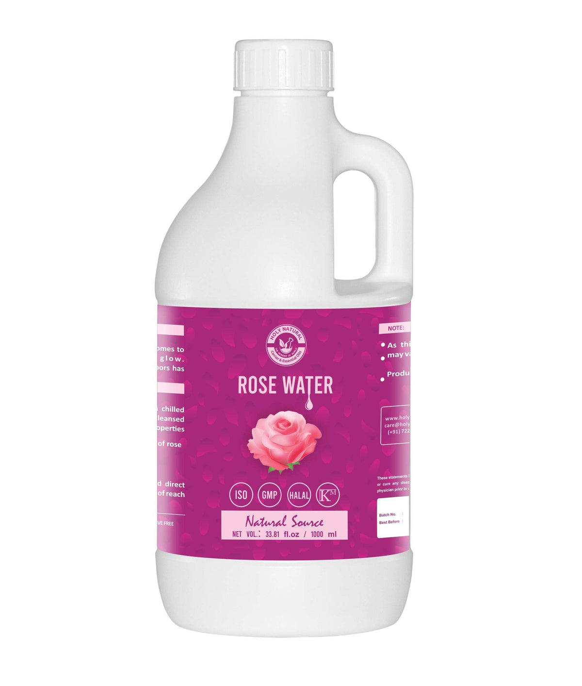Holy Natural Rose Water bottle for face and hair, a gentle toner with refreshing aroma.