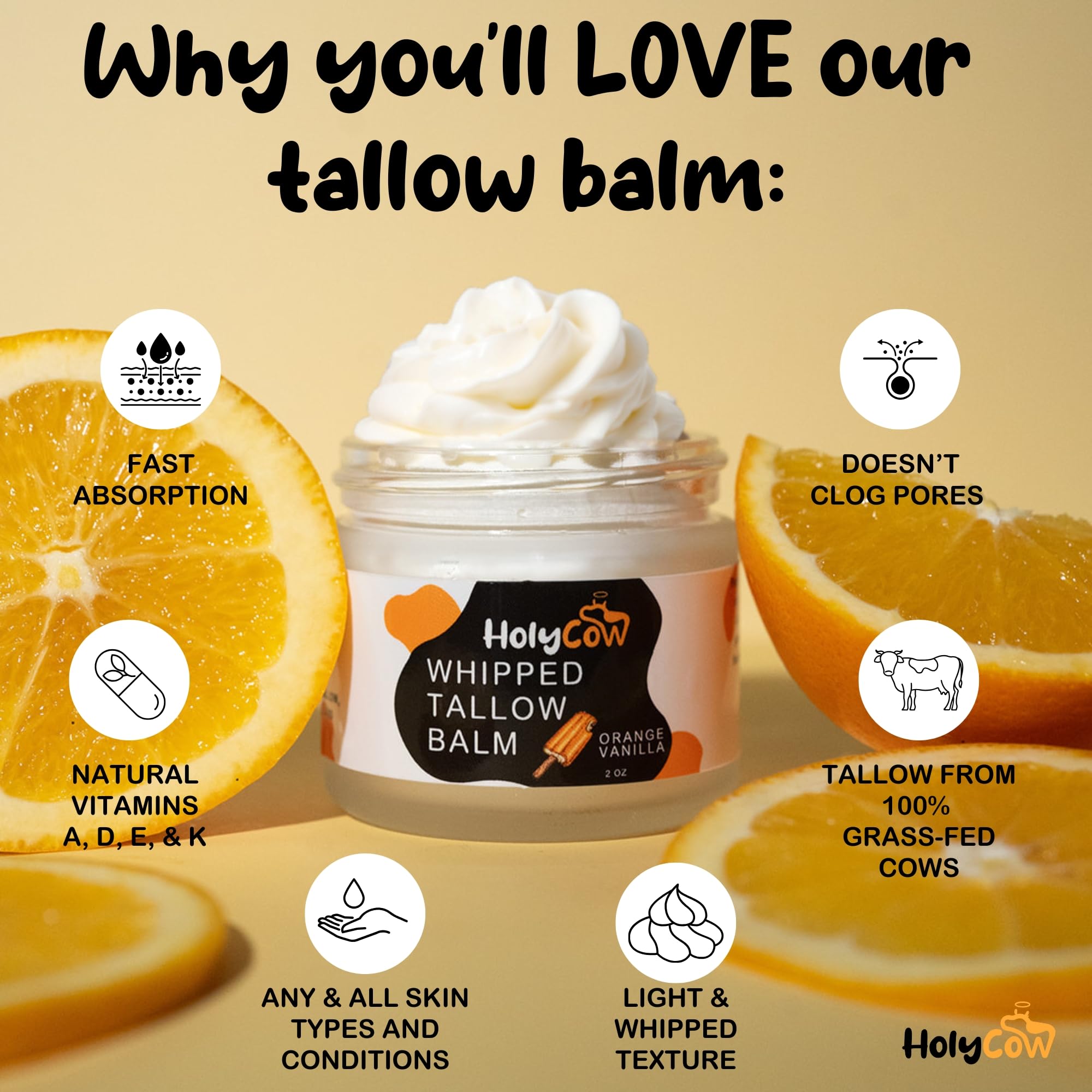 HolyCow grass-fed tallow ingredients bottle highlighting natural skincare ingredients