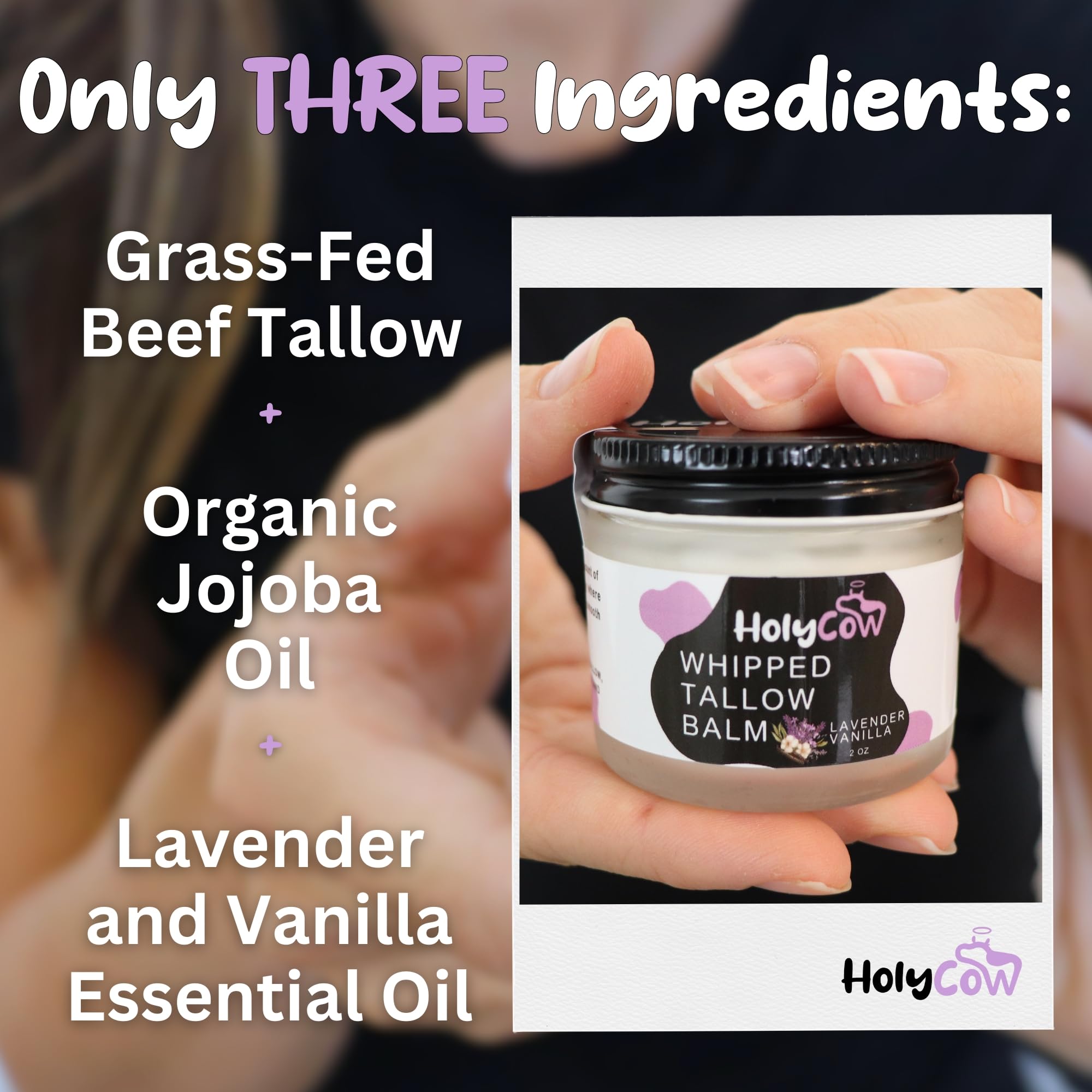 HolyCow grass-fed tallow close-up with organic jojoba oil for moisturized skin.