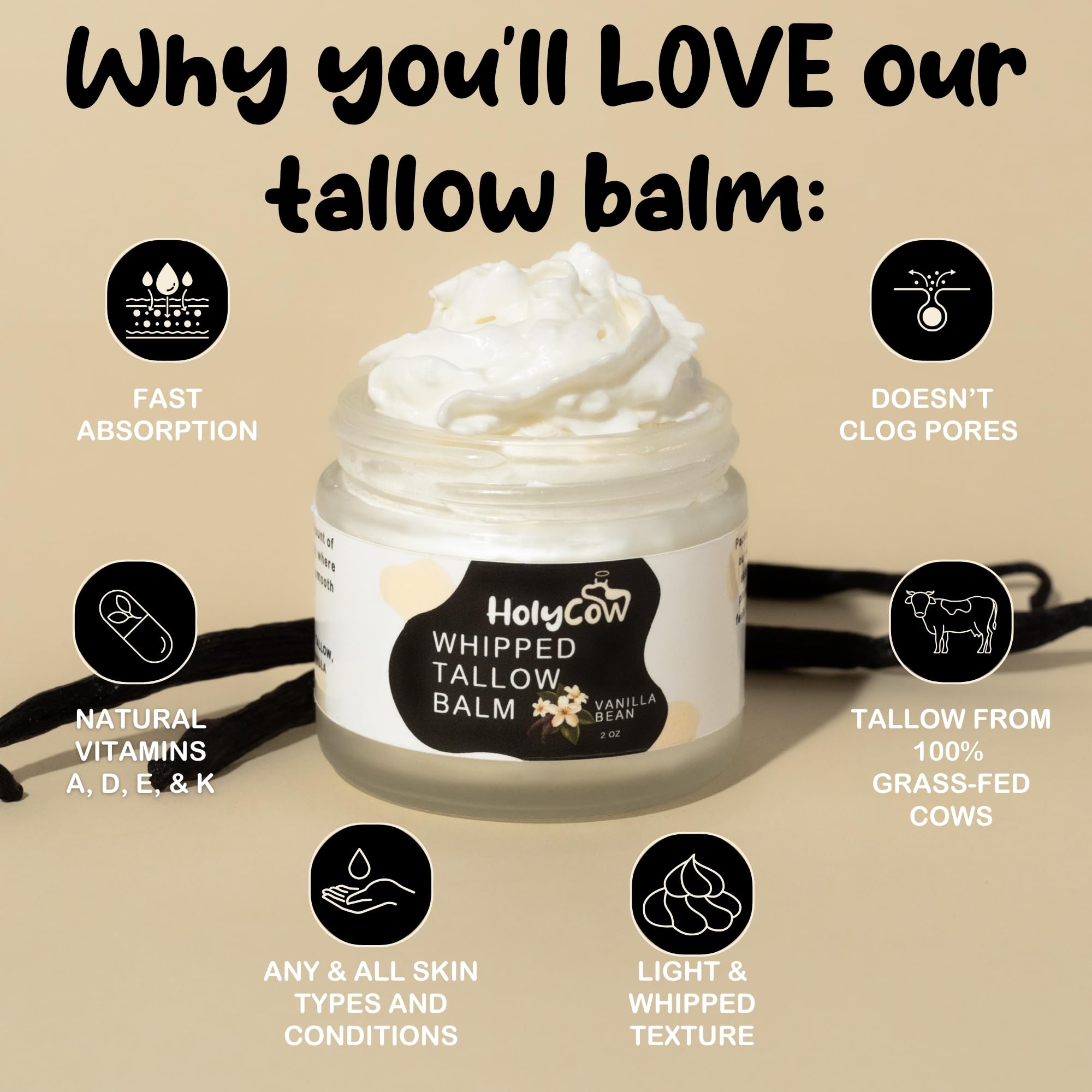 HolyCow tallow with organic jojoba oil showing natural moisturizing ingredients.