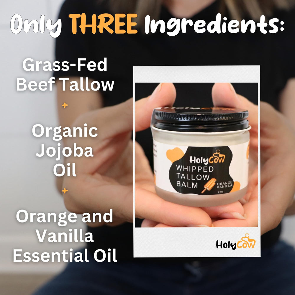 Closeup of HolyCow tallow moisturizer jar, nourished, non-greasy feel
