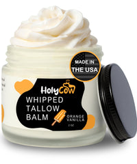 HolyCow tallow whipped balm orange vanilla jar shows deep hydration for dry skin
