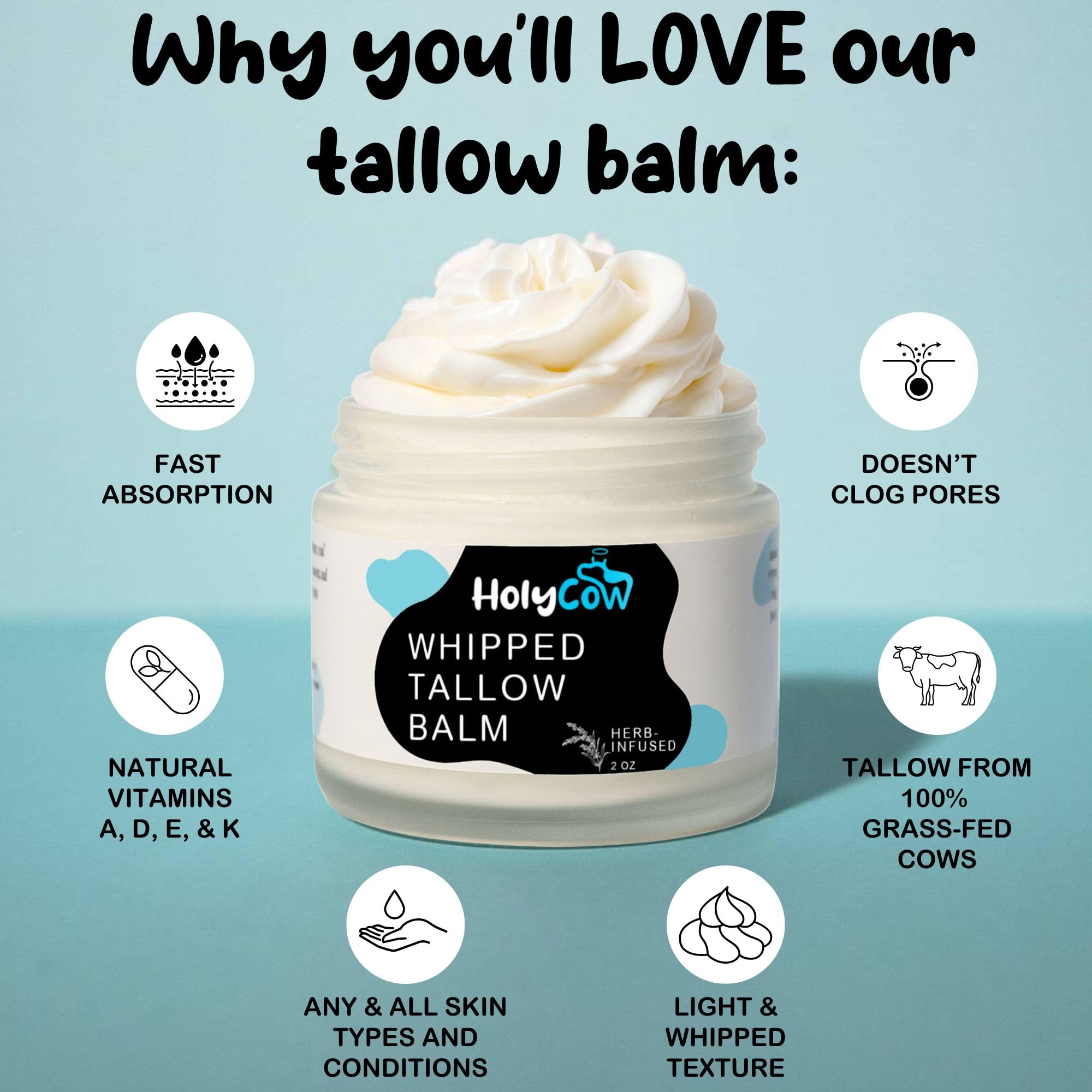 HolyCow unscented balm with herb-infused jojoba oil for breathable hydration.