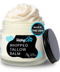 HolyCow whipped tallow balm jar closeup showing rich texture for deep hydration.