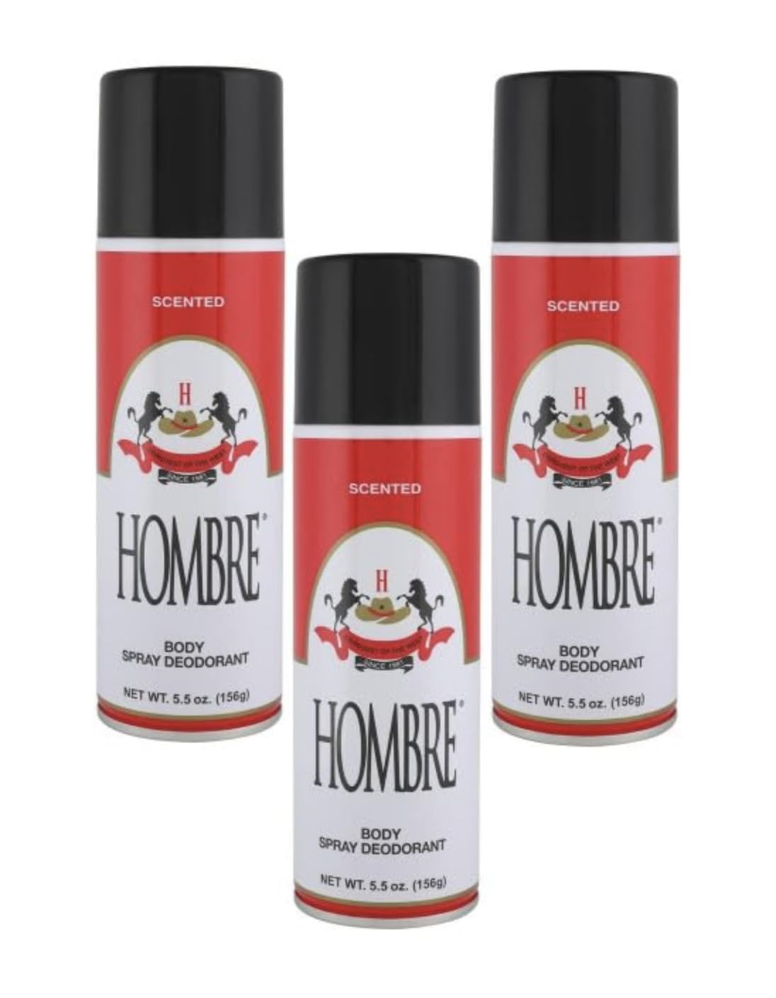 HOMBRE Red Deodorant bottle closeup highlighting long-lasting protection.