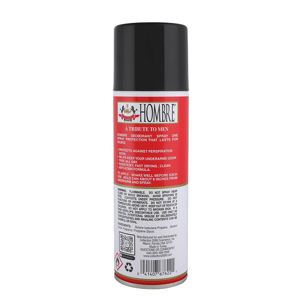 HOMBRE red deodorant bottle label close-up highlighting clean formula.