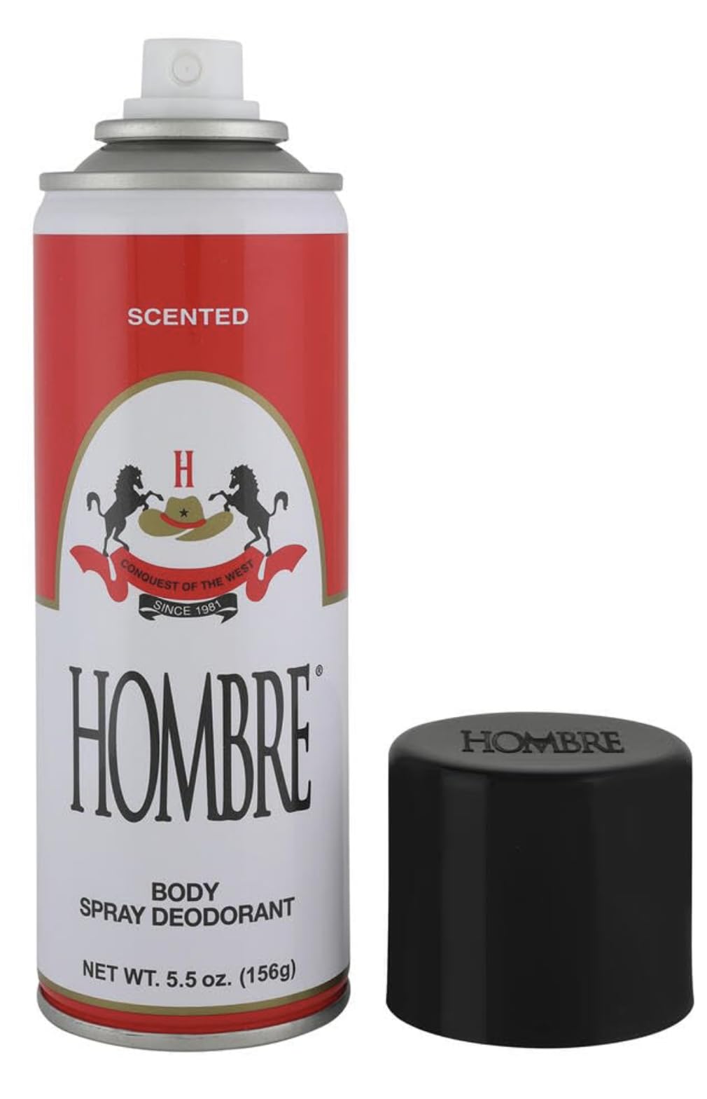 HOMBRE Red Deodorant spray-action demonstrates quick-dry application.