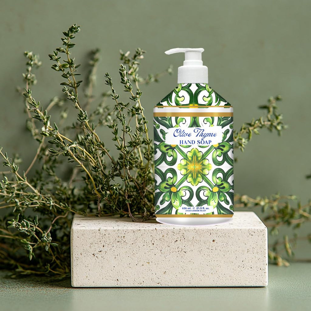 Home & Body Company Dolce Breeza French Lavender bottle pump offering calming aroma at bathroom sink