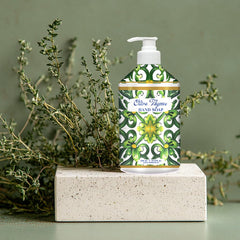 Home & Body Company Dolce Breeza French Lavender bottle pump offering calming aroma at bathroom sink