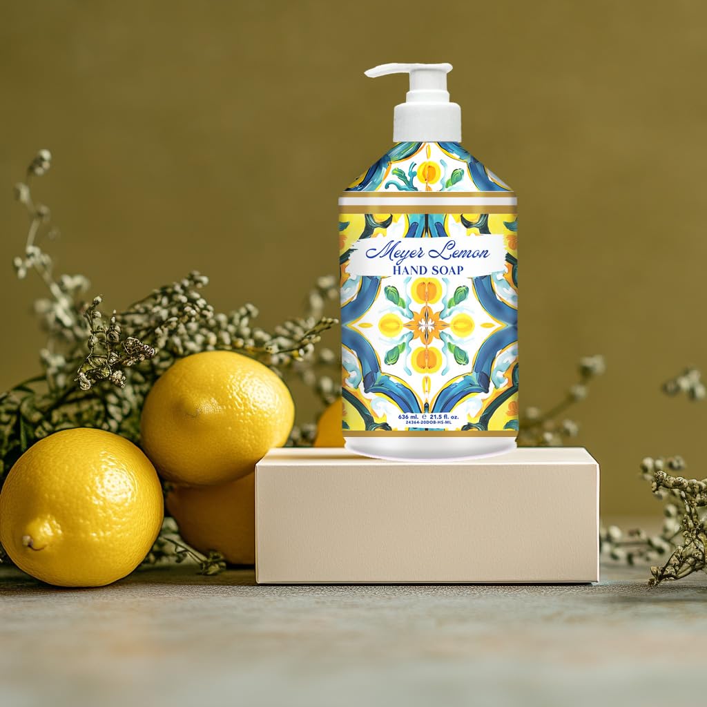 Home & Body Company Dolce Breeza packaging with tile pattern adds decorative touch to sink area