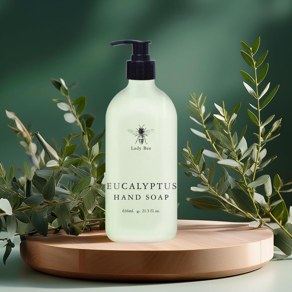 Lady Bee lavender soap bottle highlighting calming floral notes and clean packaging