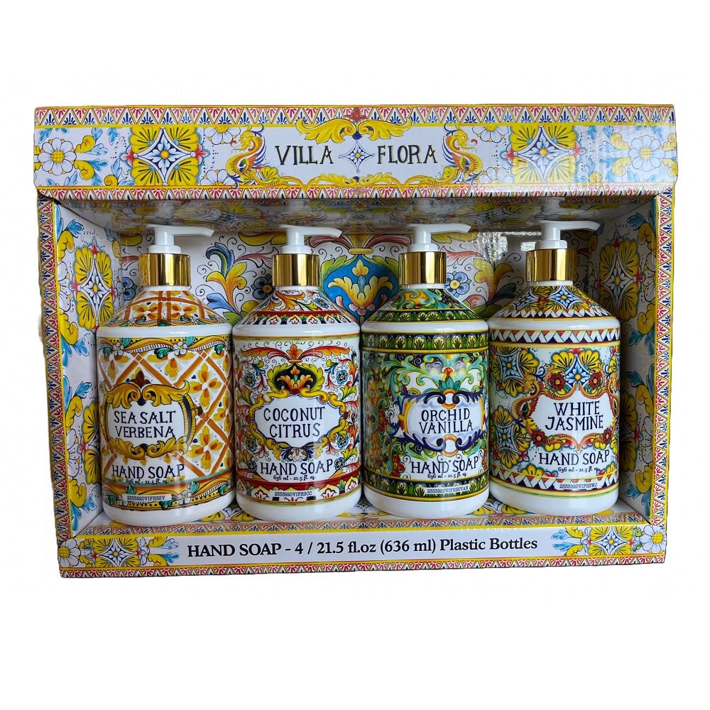 Home and Body Company Villa Flora hand soap bottle pour highlights Sea Salt Verbena aroma for fresh hands