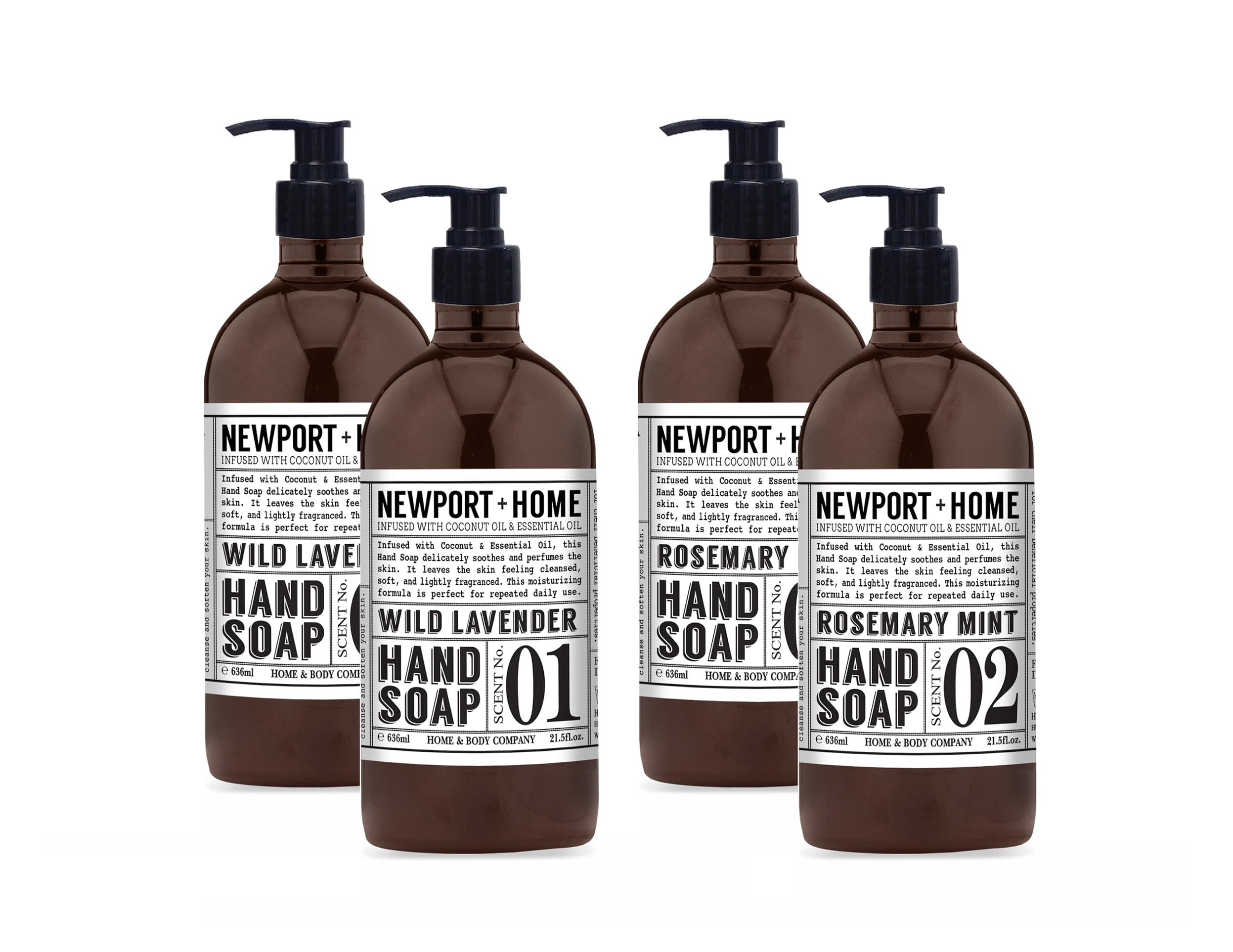 Home & Body Company Newport Wild Lavender hand soap bottle with soothing scent for soft skin.