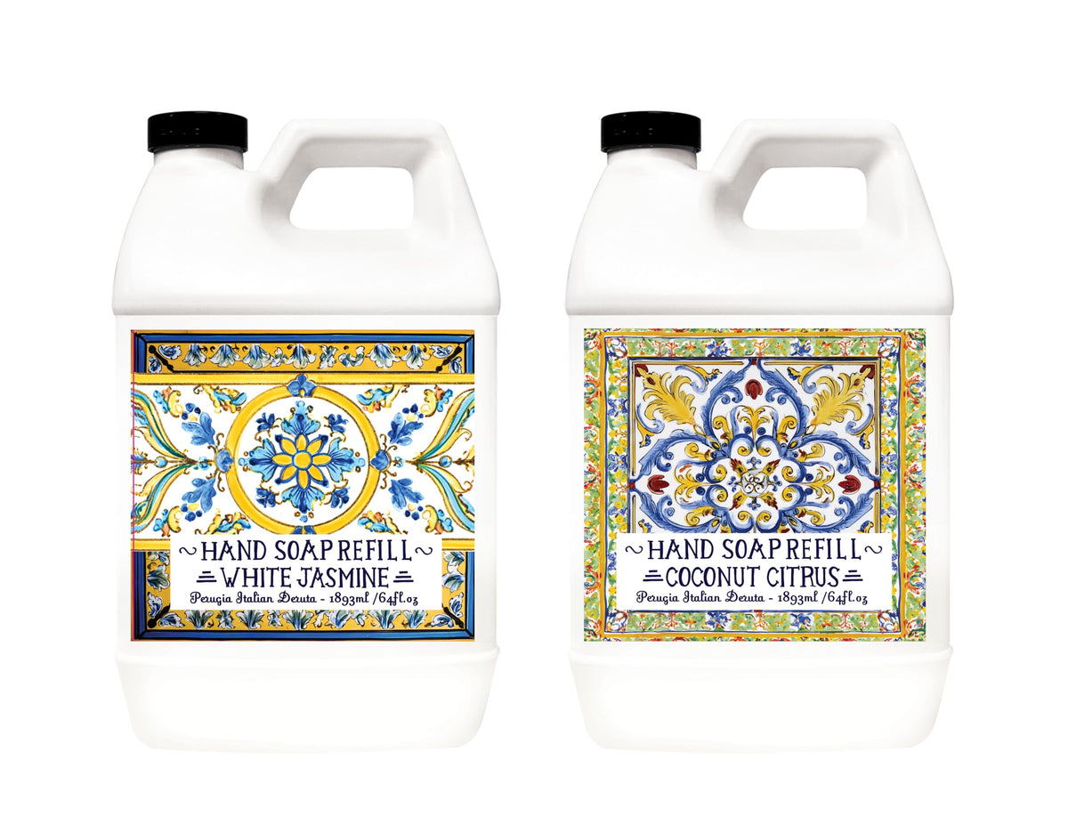 Home and Body Company Perugia white jasmine bottle with Deruta artwork for luxurious hand care at home