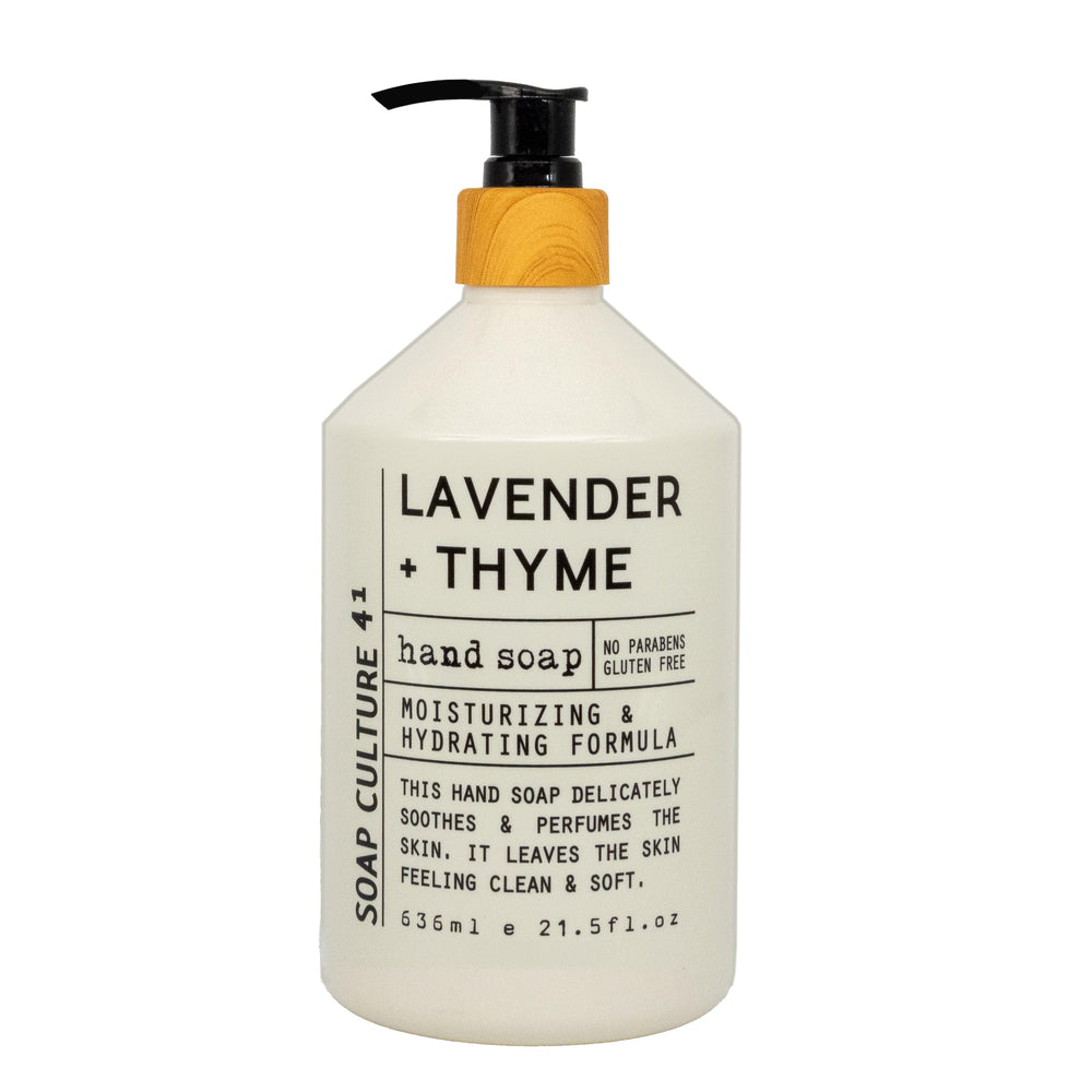 Home and Body Company Soap Culture 41 bottle label with Lavender Thyme scent for calming hand washing.
