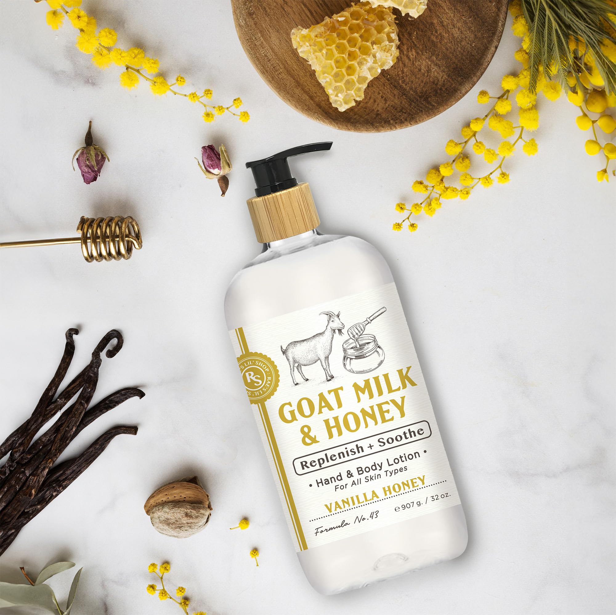Raes Lil Shop goats milk hand lotion with vanilla honey scent for soothing skin