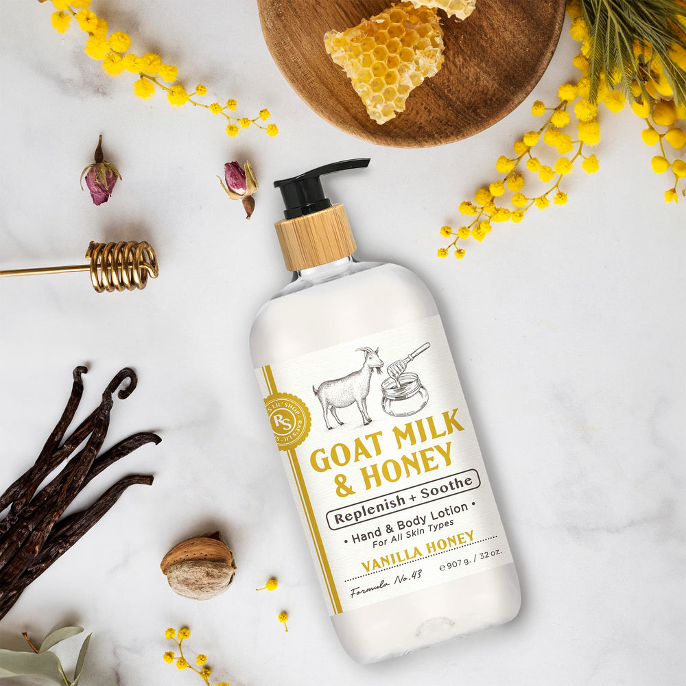 Raes Lil Shop goats milk hand lotion with vanilla honey scent for soothing skin