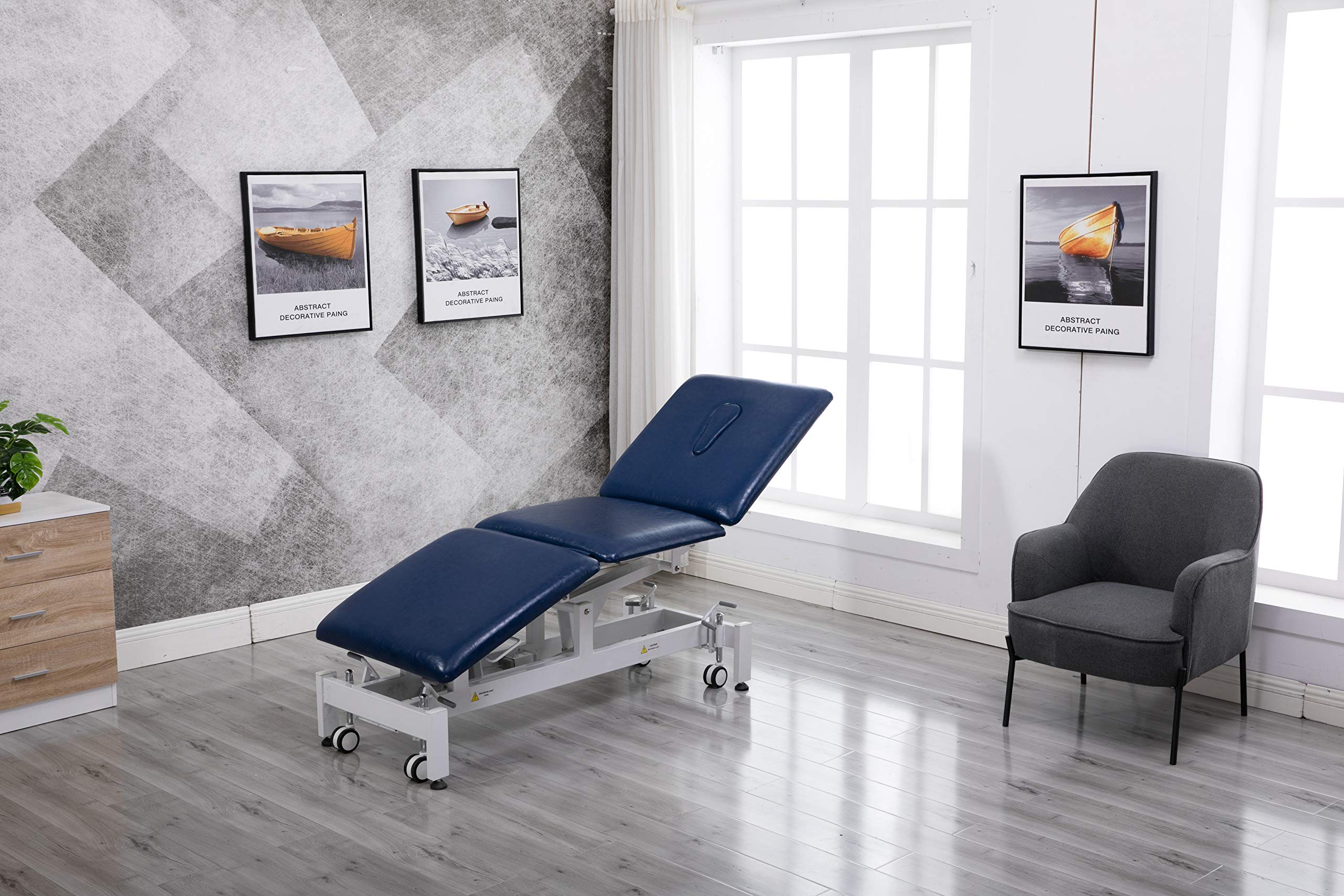 HomelyD electric treatment table leveling feet system stabilizes on uneven floors.