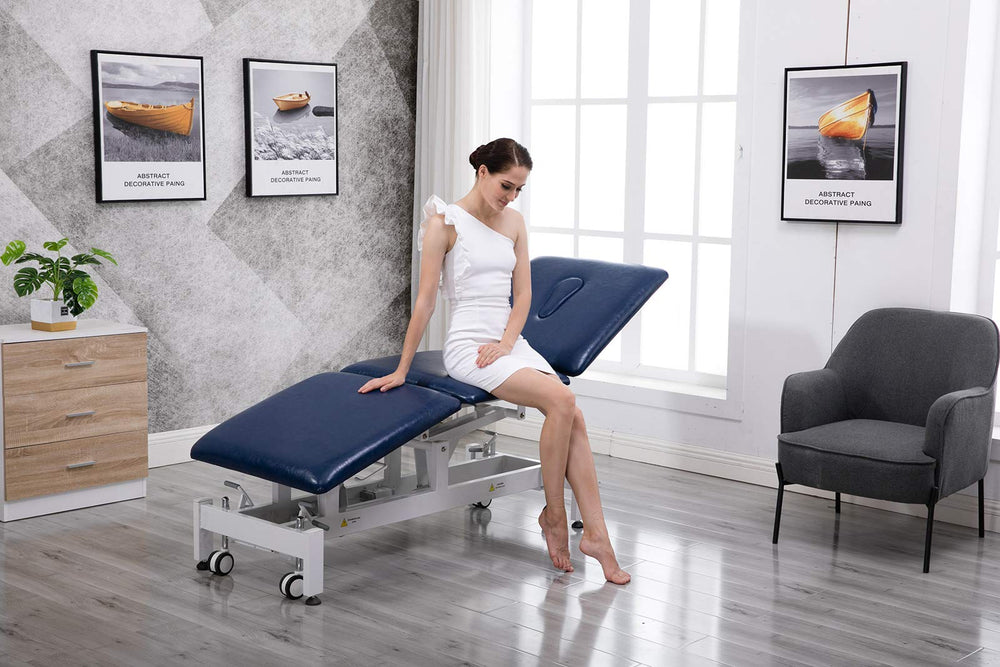 HomelyD electric treatment table lockable wheels and leveling feet ensure easy repositioning.