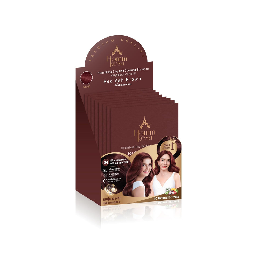 Hommkesa grey hair covering shampoo bottle closeup reveals nourishing formula with Keratin and Vitamin E