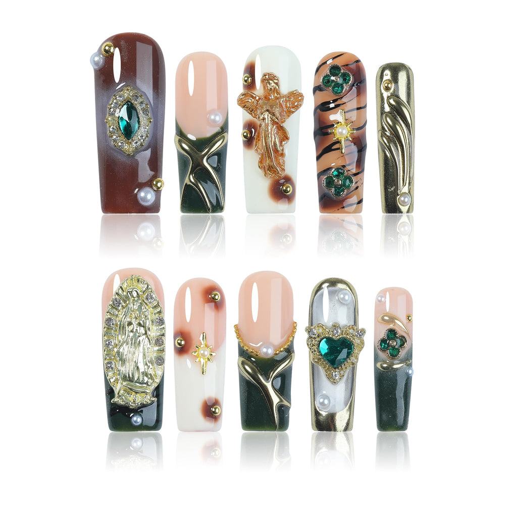 Homsera 3D Angel nails with coffin shape and gold finish for glamorous at-home manicure.