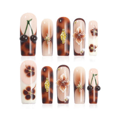Homsera 3D embossed cherry press-on nails in long coffin shape for salon-quality at home.