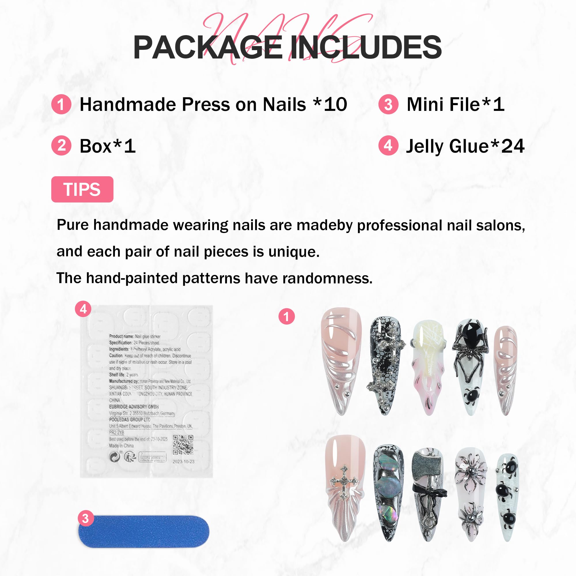 Homsera nails include 24 adhesive tabs for quick, damage-free wear
