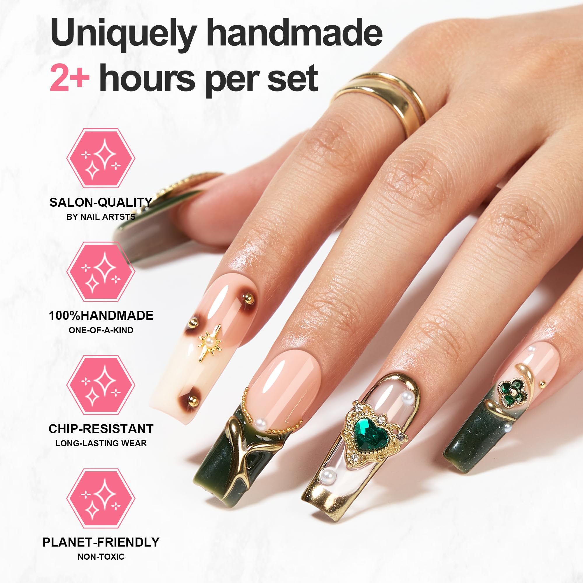 Homsera Divine Figure design nails with full-cover gold finish for premium glam.