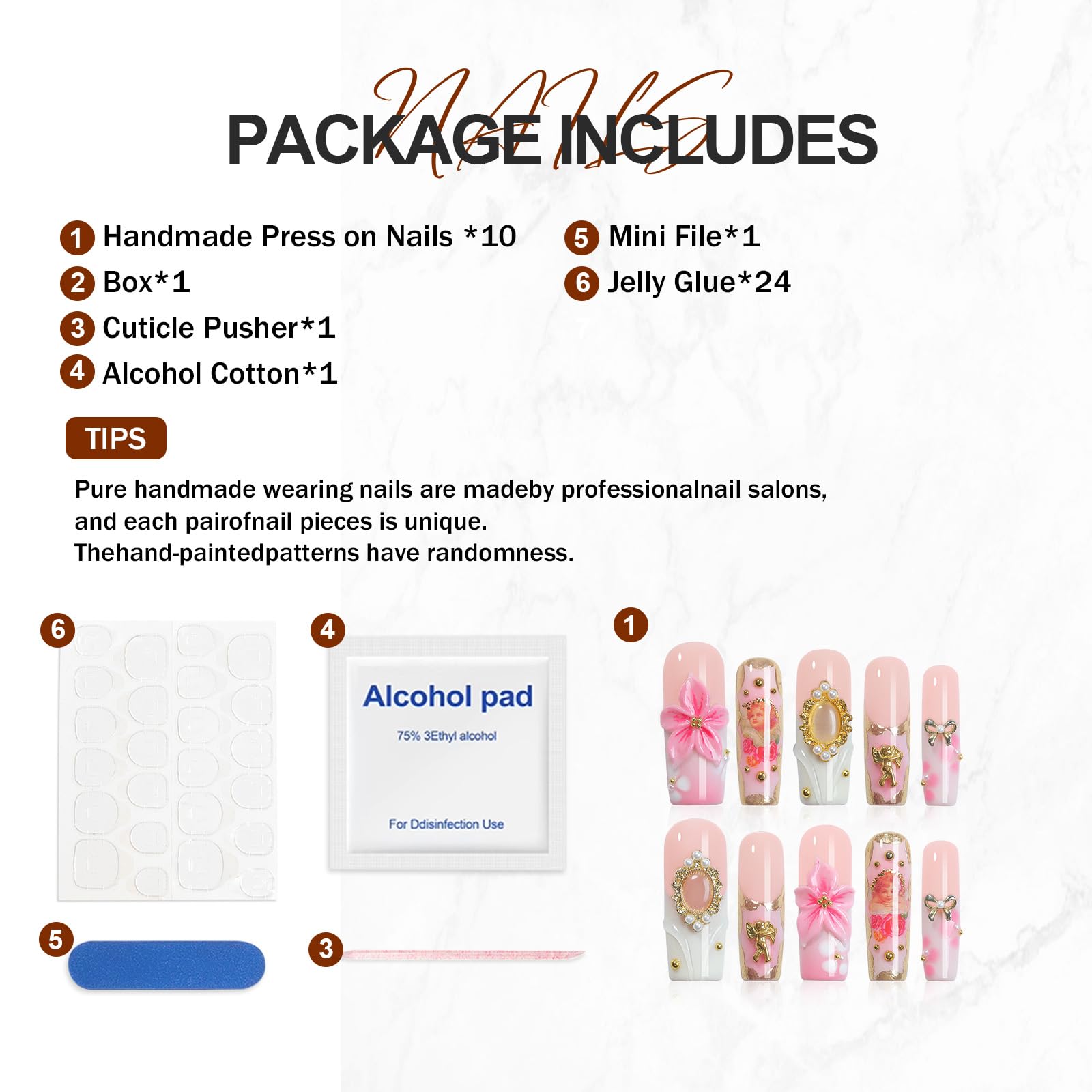 Homsera press-on nails with adhesive tabs for fast, damage-free application.