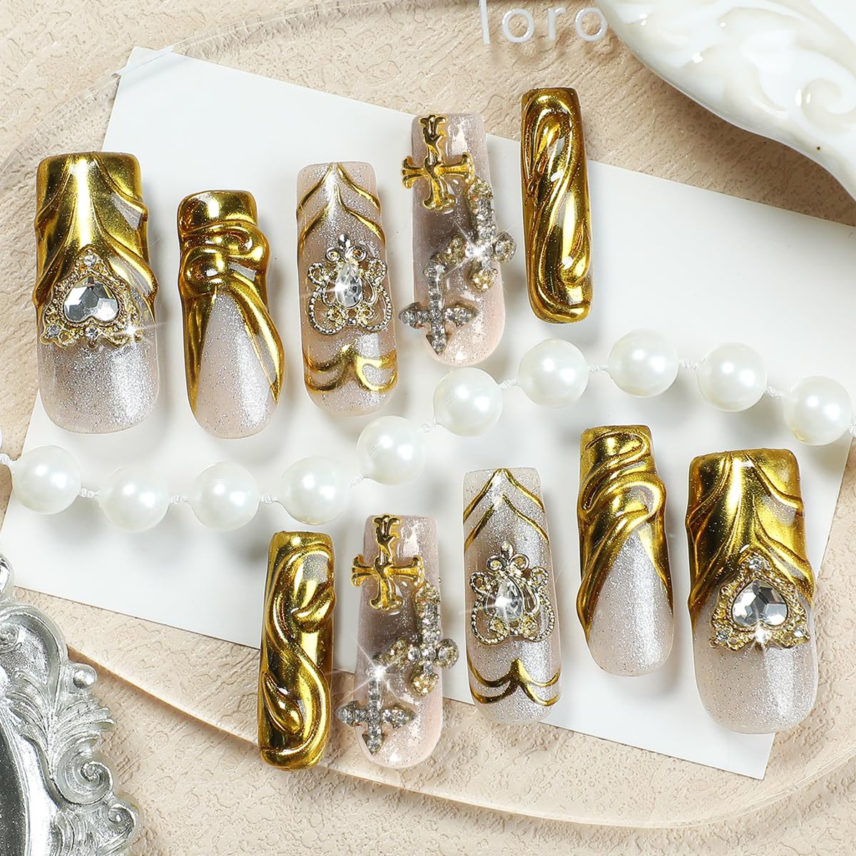 Homsera glamorous acrylic nails with gold French tips for evening elegance