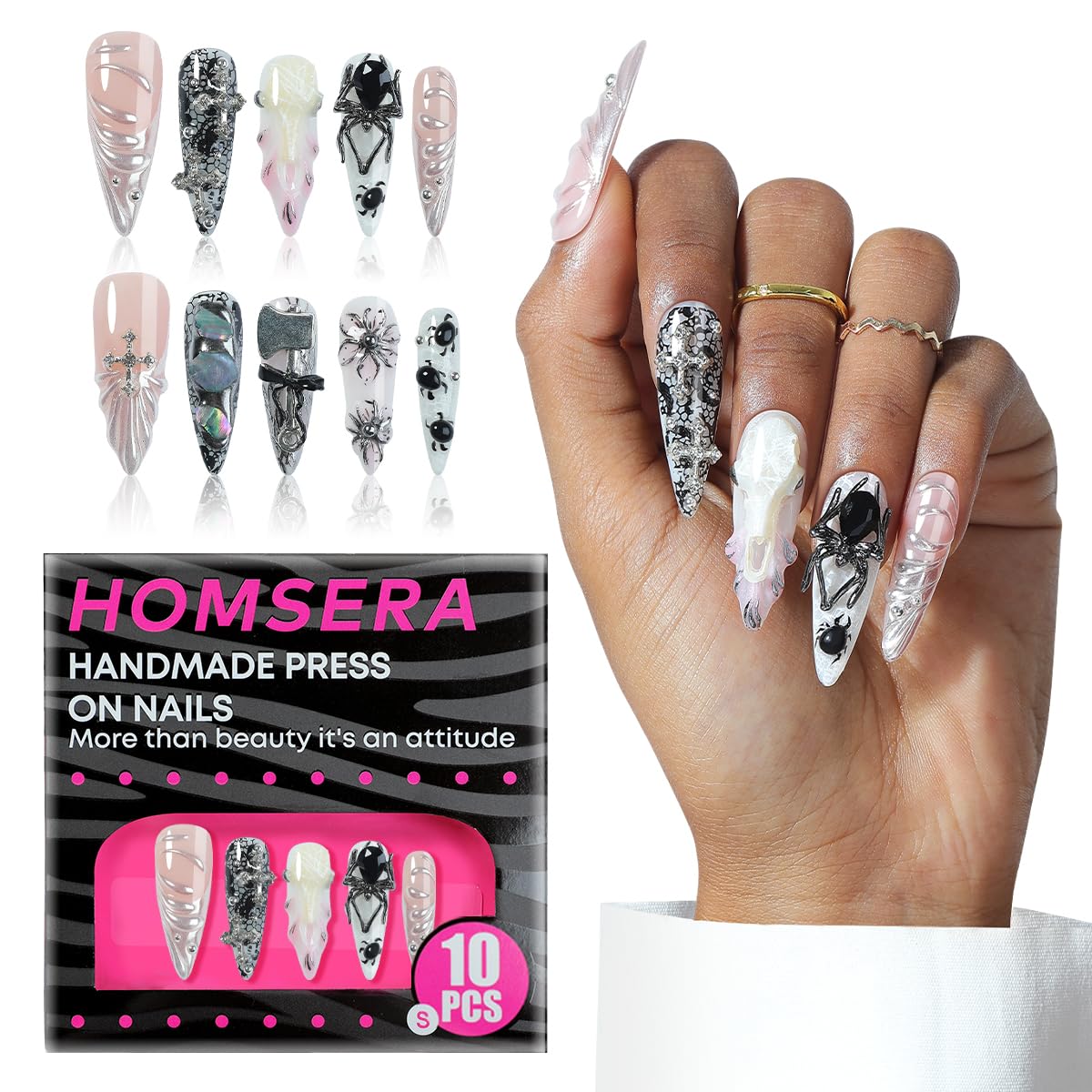 Homsera Gothic stiletto nails with 3D skull decor, ideal for bold cosplay looks.