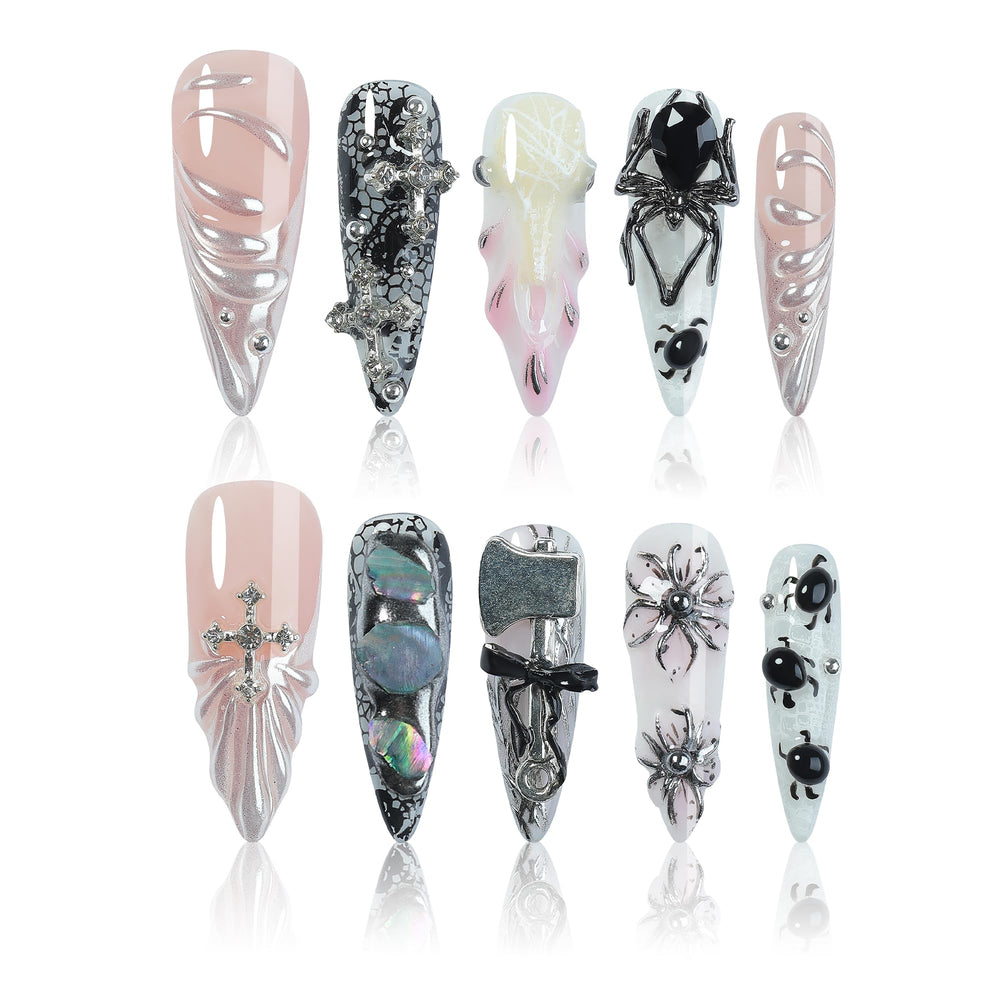 Homsera Gothic stiletto nails with 3D spider decor for edgy styling.