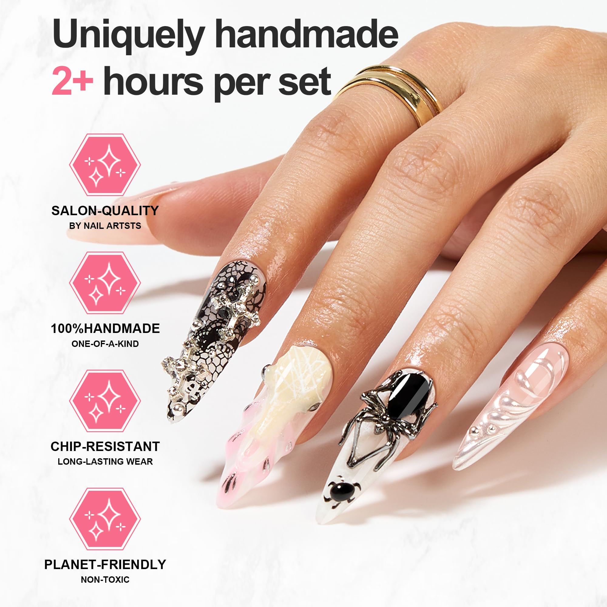 Homsera handmade nails in a long-square design for dramatic goth vibes.