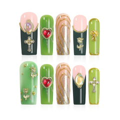 Homsera handmade press-on nails long square XL with green gold glitter for at-home salon look.