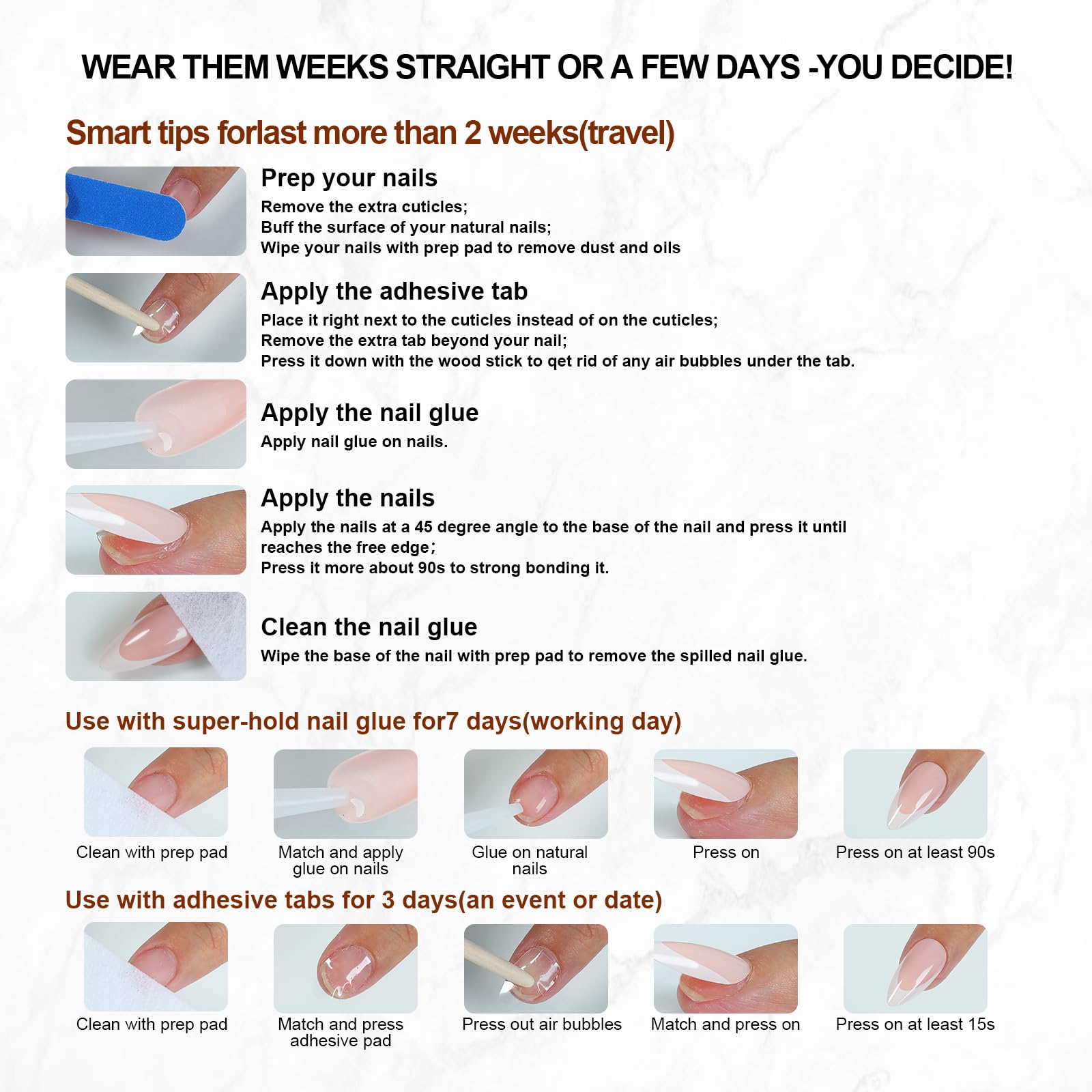 Homsera includes adhesive tabs, nail file, manicure stick, and storage box.