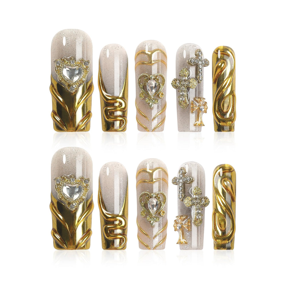 Homsera long square XL press-on nails with magic mirror gold French tips for glam looks