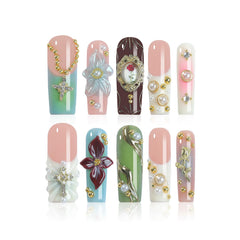 Homsera Lustrous Blossom nails with 3D floral design for elegant evenings.