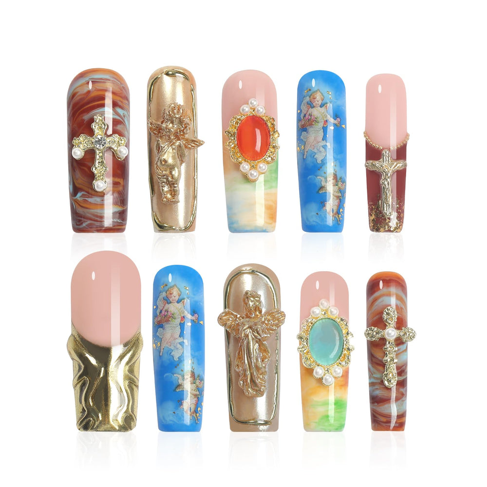 Homsera press-on nails Cherub design with hand-painted details for a unique manicure at home