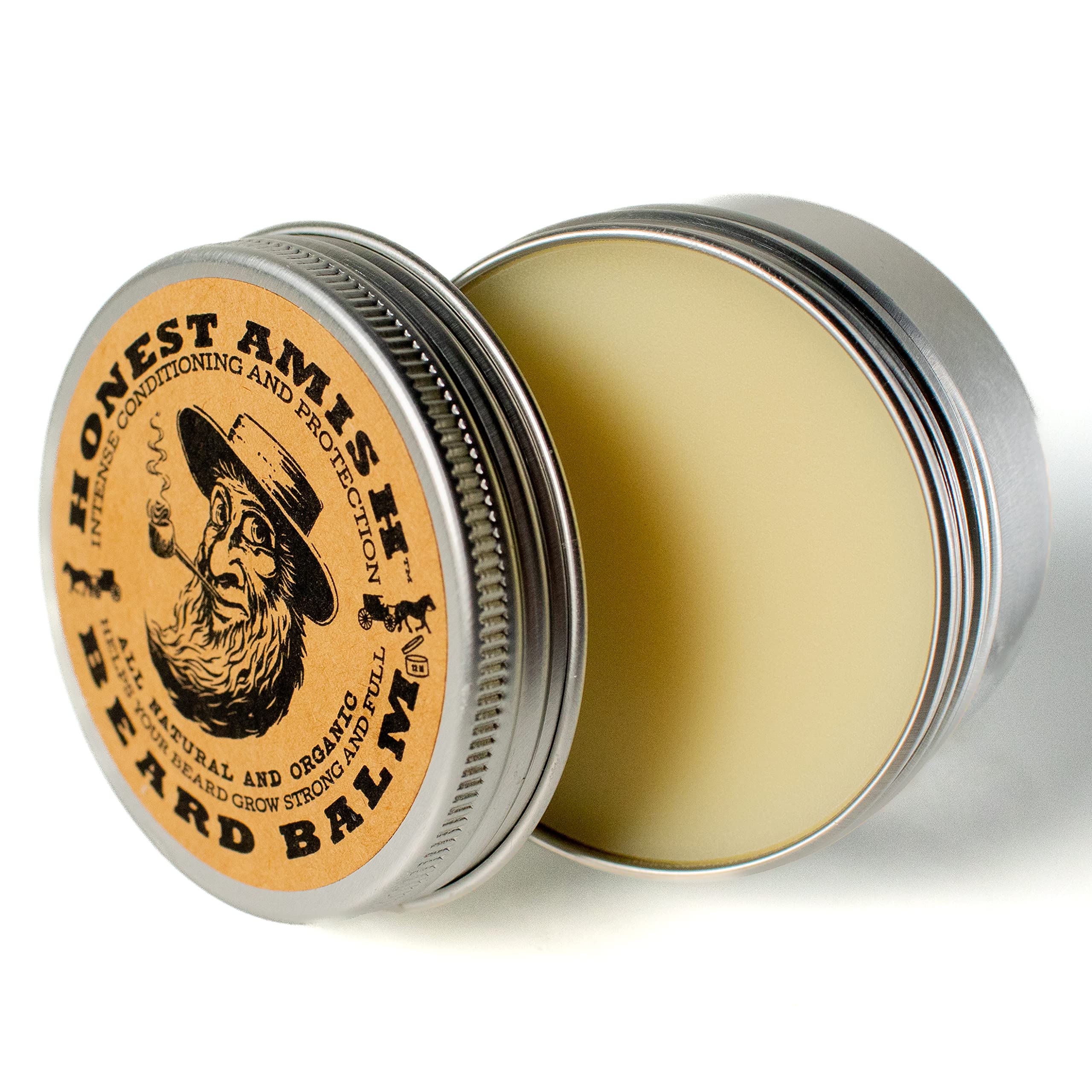 Honest Amish Beard Balm ingredients bottle highlights natural, organic components for beard care.