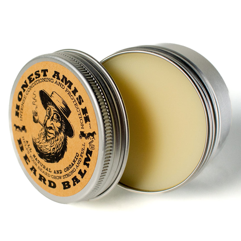 Honest Amish Beard Balm ingredients bottle highlights natural, organic components for beard care.
