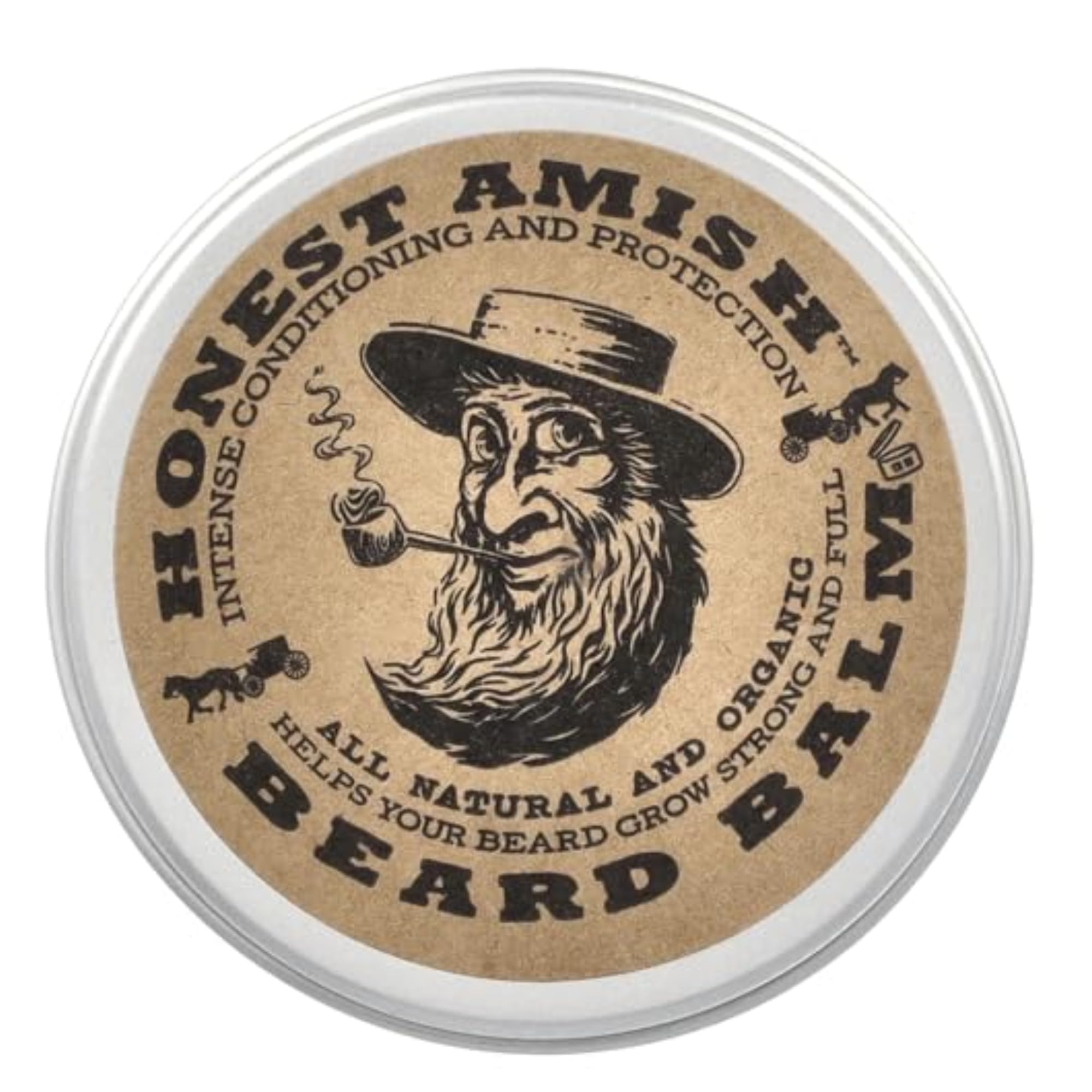 Honest Amish Beard Balm tin front shows natural ingredients for healthy beard softness.