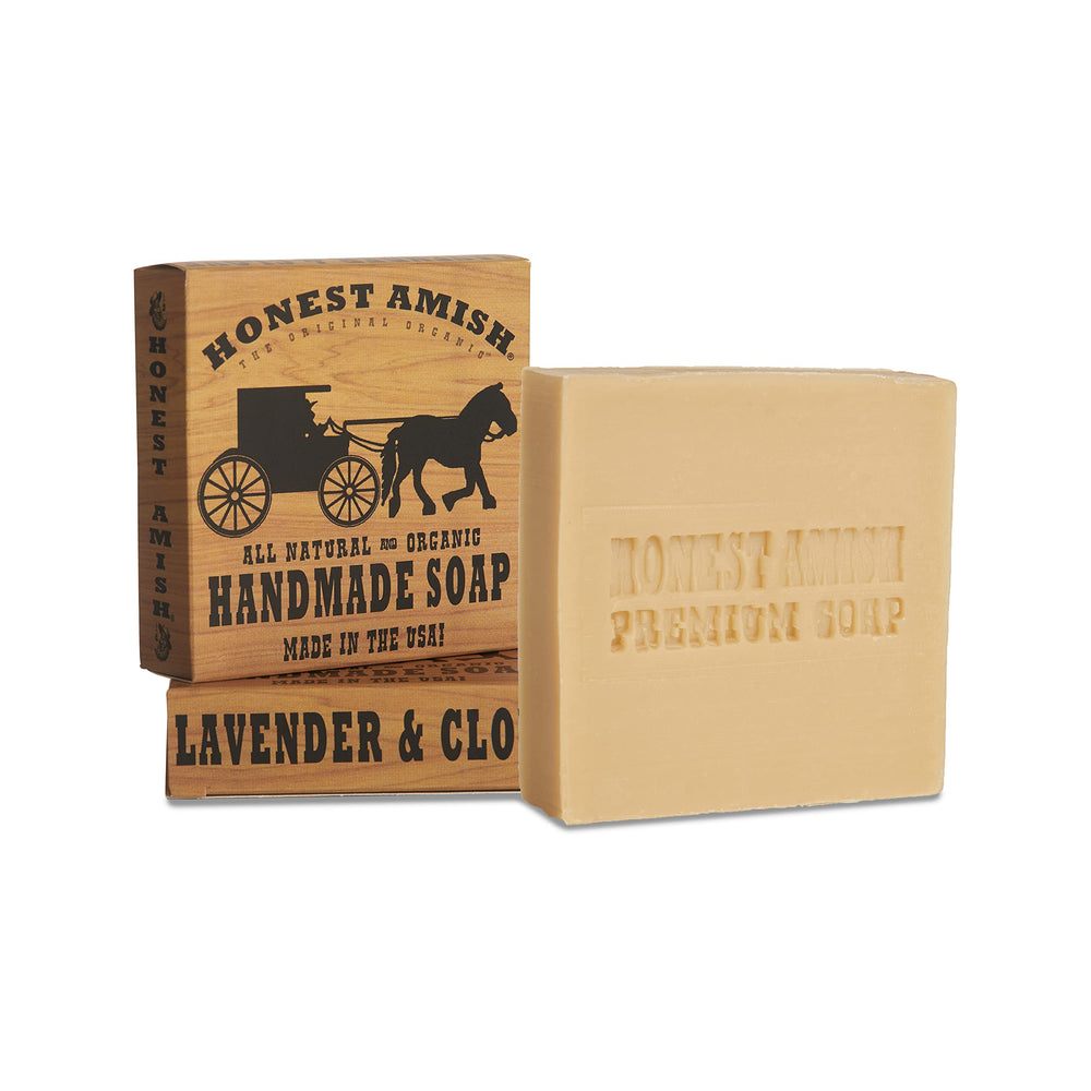 Honest Amish Lavender and Clove Soap Bars on dish display for convenient use