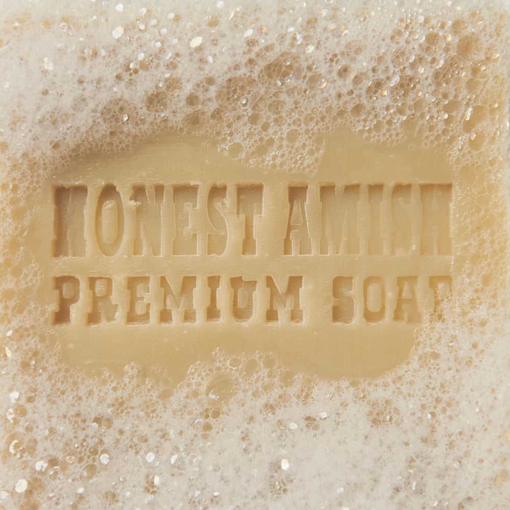 Honest Amish Lavender and Clove Soap Bar packaging label showcasing small batch handmade quality