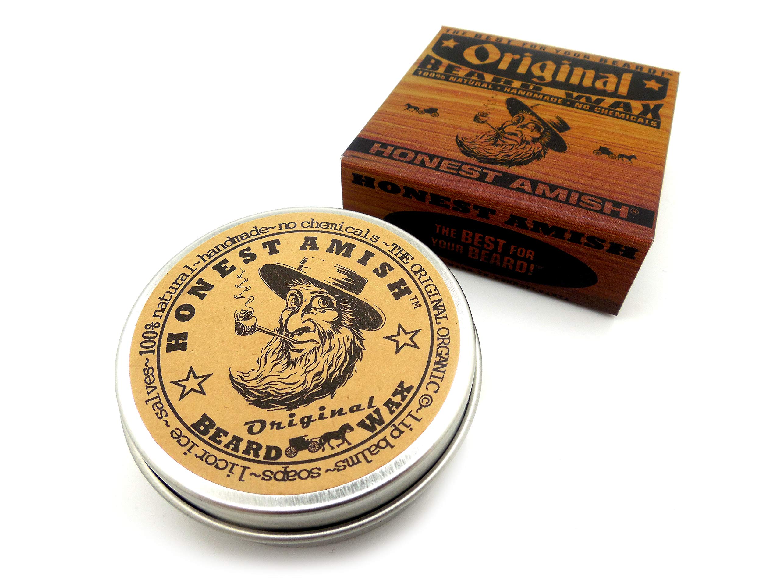 Hands applying Honest Amish Original Beard Wax to shape and tame hairs