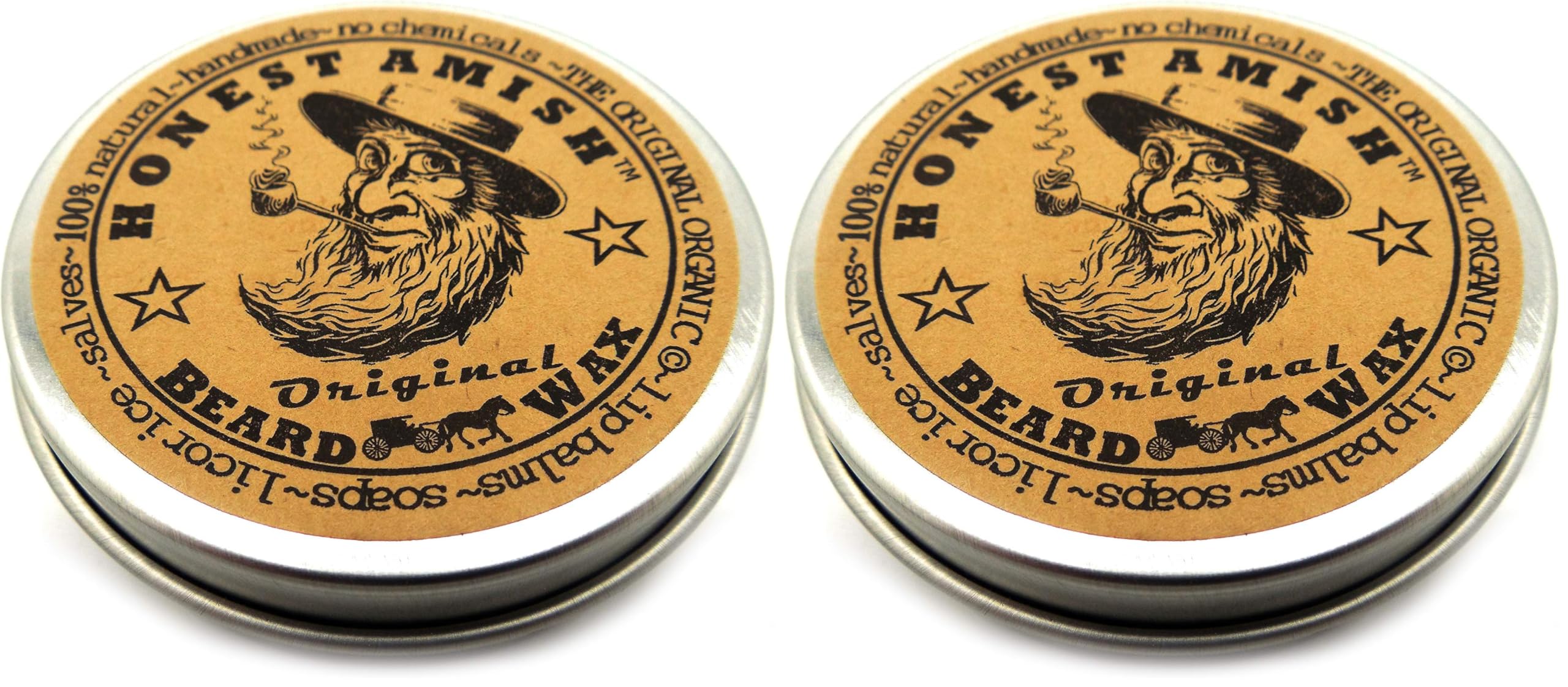 Honest Amish Original Beard Wax pack front showing a two-tin set for easy grooming
